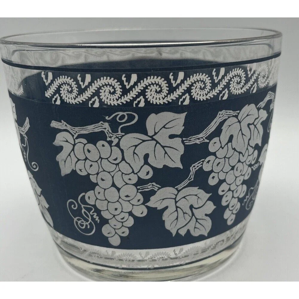 Vintage Hazel Atlas Glass Ice Bucket, Blue With White Grapevine Pattern
